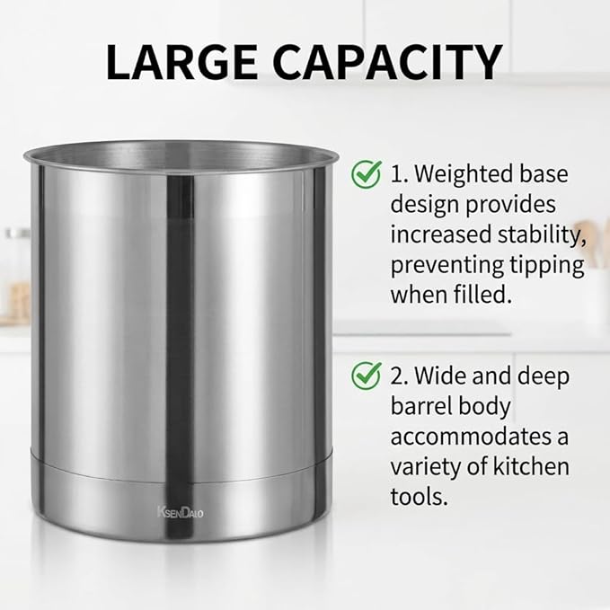 KSENDALO Stainless Steel Utensil Holder 7x7inch Large Utensil Holder for Countertop, Round Utensil Caddy for Spoons, Silverware, and Spatulas for Kitchen, Silver