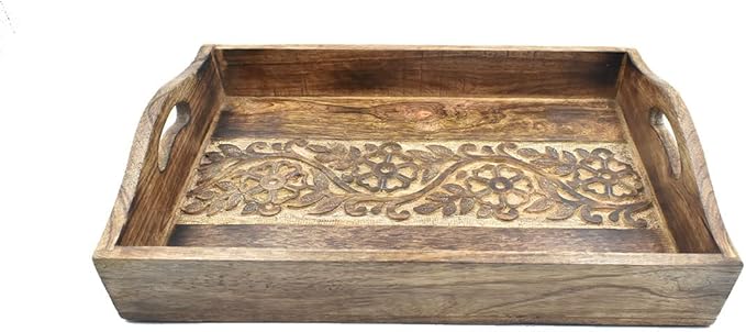 STORE INDYA Rustic Large Wooden Serving Tray Platter for Tea Snack Dessert with Handle Hand Carved Floral Design. Kitchen Dining Serve-Ware Accessories 14 x 10 Inches