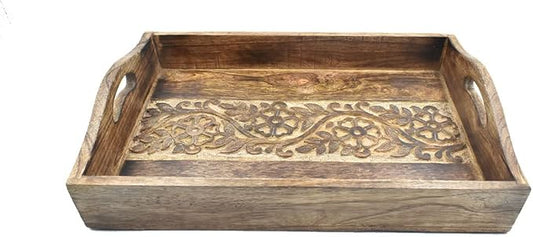 STORE INDYA Rustic Large Wooden Serving Tray Platter for Tea Snack Dessert with Handle Hand Carved Floral Design. Kitchen Dining Serve-Ware Accessories 14 x 10 Inches