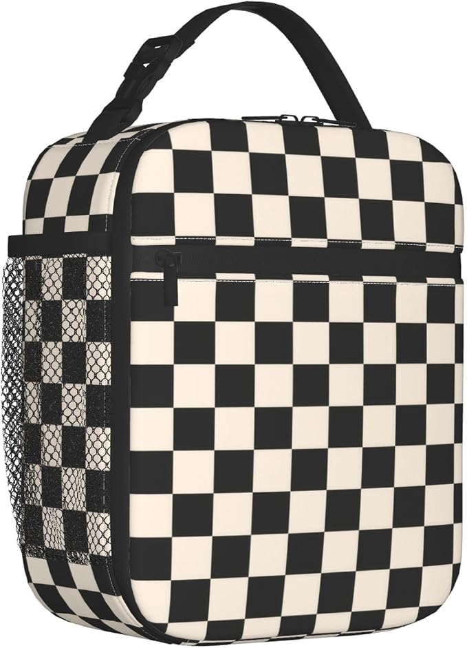 Black White Checkered Lunch Box Insulated Lunch Bag for Adult Women Men Reusable Aesthetic Tote Lunchbox Container Work Outdoor Picnic Hiking