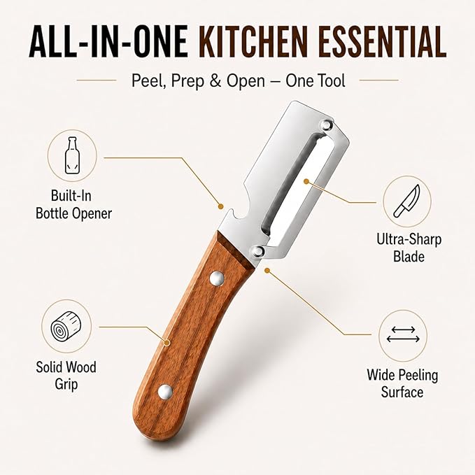 Multifunctional Vegetable Peeler with Wooden Handle, 2-in-1 Stainless Steel Peeler with Built-in Bottle Opener, Ergonomic Peelers for Kitchen, Sharp Vegetable Peeler for Potato, Carrot & Fruit(1)