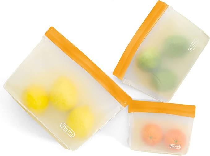 MUMI Piccolo Reusable Zip Up Bags – Set of 3 Silicone Ziplock Bag | Reusable Ziploc Bags for Food Storage, Freezer, & Snacks | BPA-Free Airtight Silicone Storage Bag for Travel & Meal Prep - Orange