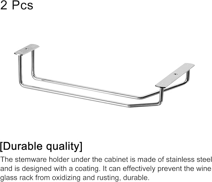 uxcell Wine Glass Rack Under Cabinet, 2Pcs 10-Inch Stemware Wine Glass Hanging Rack Stainless Steel Wine Glass Organizer Storage Hanger for Shelf Kitchen Bar Decor (Single-Row, Silver)