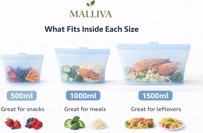 Reusable Silicone Food Storage Bags, 3 Pack (17oz, 34oz & 51oz), Stand Up Ziplock Bags for Meal Prep, Snacks & Sandwiches, Travel, BPA Free, Freezer, Microwave & Dishwasher Safe