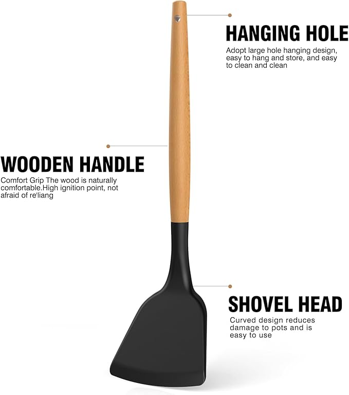Silicone Cooking Utensils Set - AVGPD Silicone Kitchen Utensils for Cooking Wooden Handles, 446°F Heat Resistant Kitchen Utensil Spatula Sets, Gadgets for Non-Stick Cookware BPA FREE (Black)