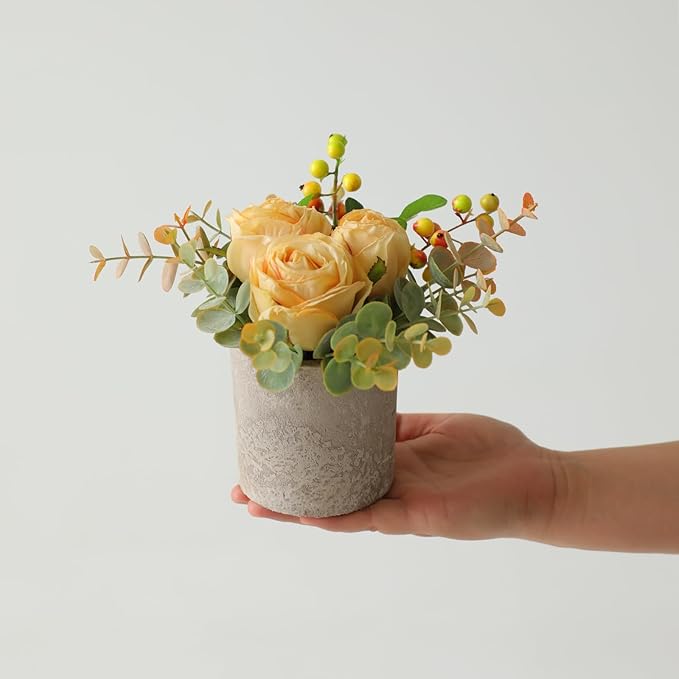Small Artificial Burnt Yellow Rose Potted Plant, 6" Fake Silk Flowers in 3" Cylindrical Pot, Mini Faux Floral Arrangement for Desk Shelf Bathroom Decor