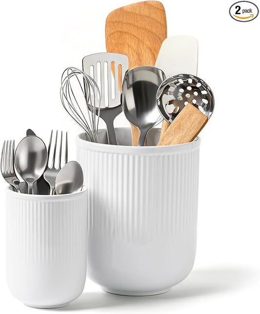 FOBENTA Utensil Holder, 7.3’’+5.4’’ Ceramic Kitchen Utensil Holder for Countertop, Large Utensil Crock–Cooking Utensil Organizer for Spatula & Spoon, Modern Kitchen Decor, Set of 2, White