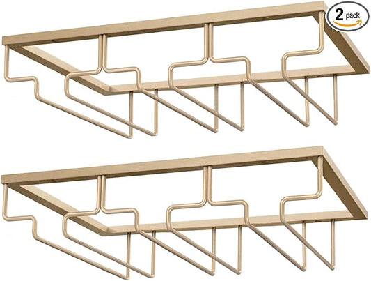 Wine Glass Rack - Under Cabinet Stemware Wine Glass Holder - Wine Glasses Storage Hanger Metal Organizer for Cabinet Kitchen Bar (Champagne Gold, 3 Rows 2 Pack)