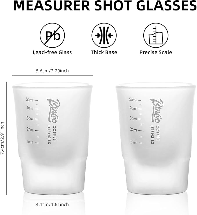 Bincoo Espresso Shot Glasses (2 Pack) – 50ml Heavy Duty Glass Measuring Cups for Barista, Espresso, Coffee, Liqueur – Dishwasher Safe, Precise Scale Markings, Stackable