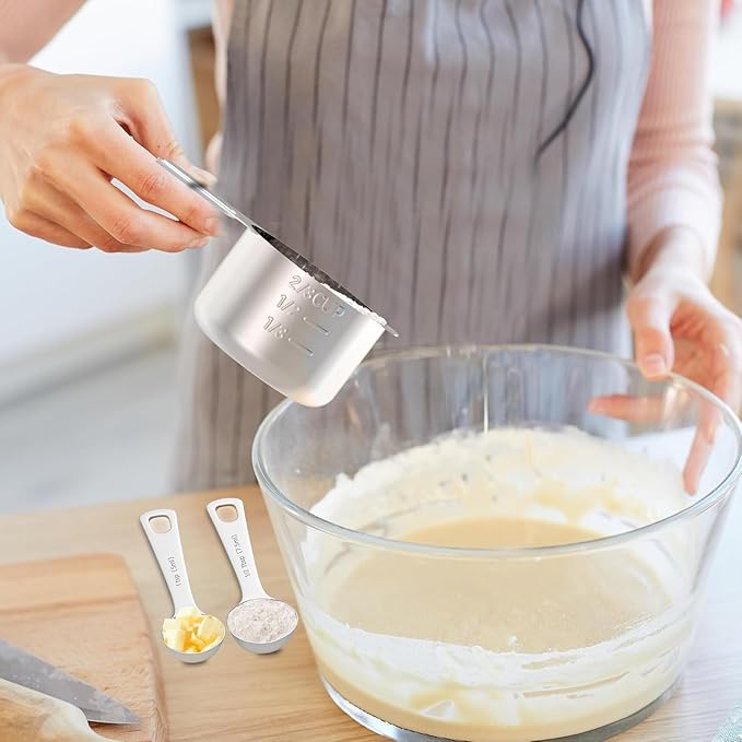 Stainless Steel Measuring Cups and Spoons Set, 6 Stainless Steel Measuring Cups, 7 Measuring Spoons & 1 Leveler, 3 Plastic Measuring Cup with 1 Measuring Conversion Chart