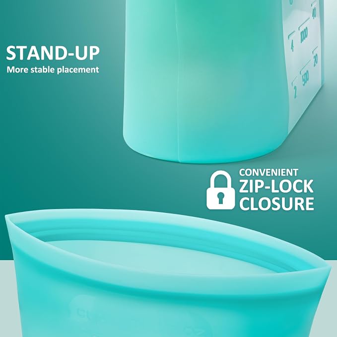 Extra Large Reusable Silicone Food Storage Bags 4 Pack, 0.8 Gallon/3000ml, 100% Silicone Stand-Up Wide-Open Zip-Lock Reusable Bags for Large Items, Microwave Freezer Oven Dishwasher Safe, Aqua