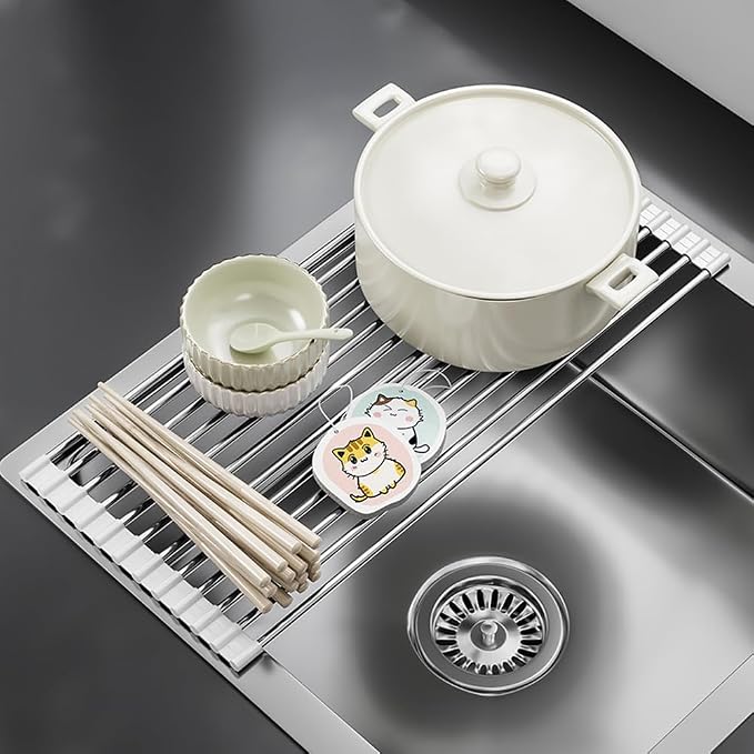 Roll Up Dish Drying Rack Over Sink Drying Rack Sink Cover Kitchen Sink Accessories Multipurpose Organizer Foldable Stainless Steel Drainer (12 Rods)