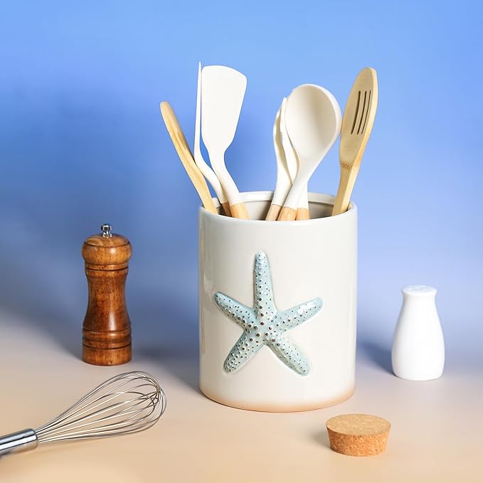 Ceramic Starfish Embossed Utensil Holder, Large Cooking Utensil Crocks for Countertop, Ocean Style Utensil Organizer for Spatula