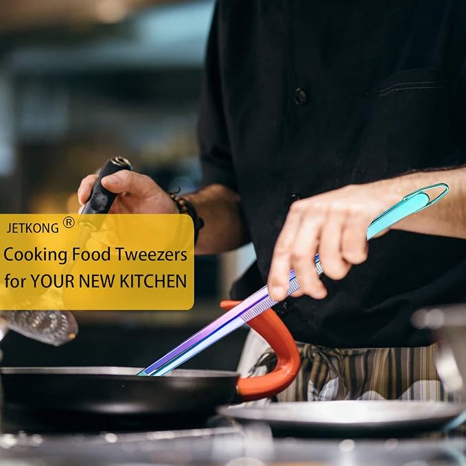 JETKONG 2 Pcs 12-Inch Culinary Tweezers Food Tweezers Kitchen Tweezer Tongs for Cooking (Rainbow)