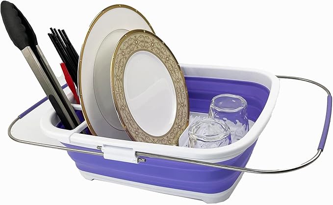 SAMMART 8L (2.11Gallons) Expandable Collapsible Dish Drainer - Foldable Drying Rack - Space Saving Kitchen Storage Tray (White/Very Peri, 1)