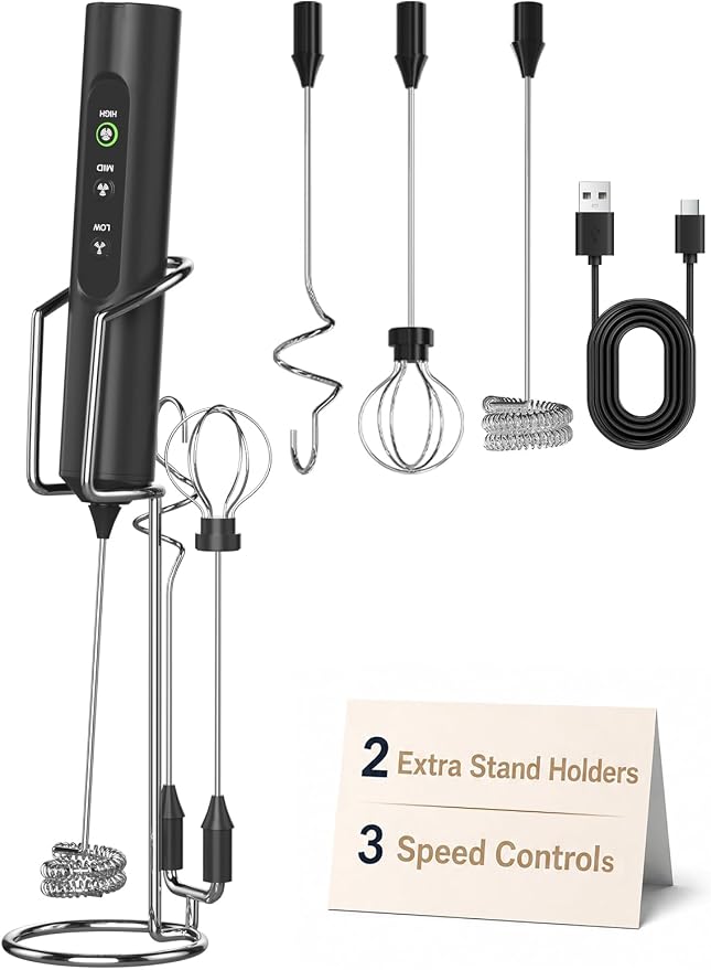 Rechargeable Milk Frother Handheld with 3 Speed, 3 Detachable Whisks with Stand, Electric Coffee Drink Mixer Wand for Cappuccino, Latte, Matcha, Hot Chocolate, Eggs,Protein Black