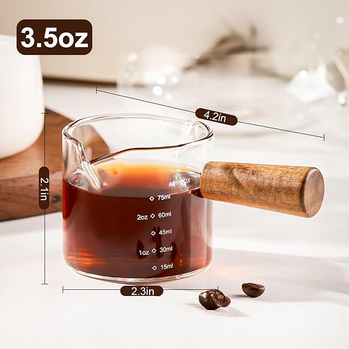 PARACITY Espresso Cups with Handle, 3.5OZ Double Spout Glass Measuring Cup with Dual Scale, Clear Espresso Shot Glass with V-Shaped Mouth, Espresso Accessories