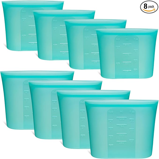 8-Pack Reusable Silicone Food Storage Bags, 100% Silicone Stand-Up Wide-Open Zip-Lock Reusable Storage Bags for Food, Freezer Microwave Oven Dishwasher Safe, Aqua, 4S 4XS