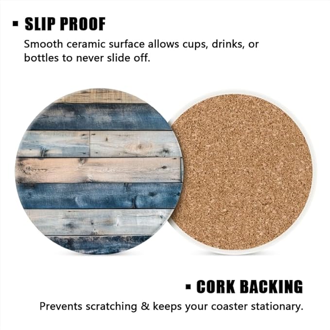 Ceramic Stone Coasters for Drinks Set of 1, Blue and Brown Wooden Wall Pattern Round Absorbent Cup Coasters Protection for Coffee Table Kitchen Counter Decor (4 * 4 Inch)
