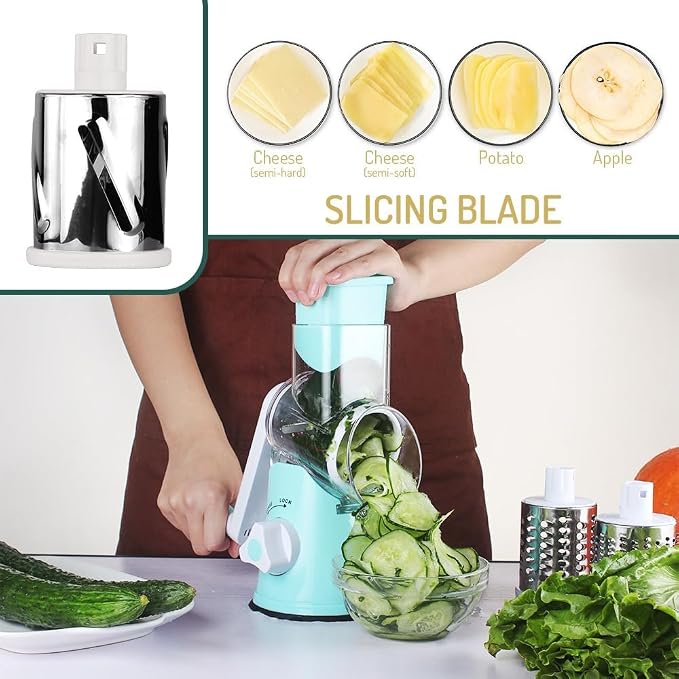 Rotary Cheese Grater with Handle Vegetable Shredder Round Kitchen Slicer Mandoline Grater for Vegetable, Nuts, Chocolate, Cheese, White, 3 Stainless Steel Blades