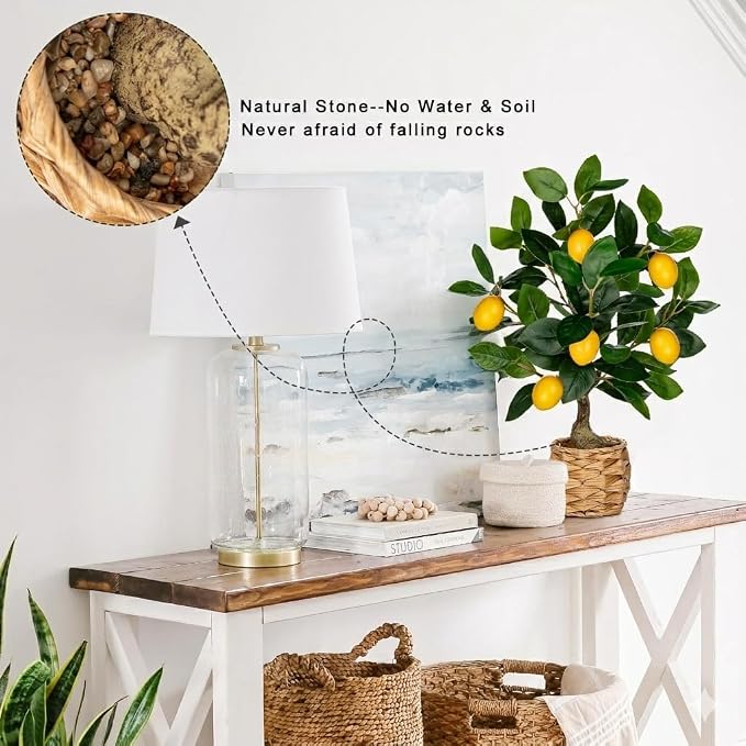 Oairse Artificial Potted Plants 17.3 inches Small Fake Lemon Tree Artificial Lemons Citrus Tree with Woven Pot Faux Plants Indoor Lemon Decorations for Home,Office, Living Room Table, Desk