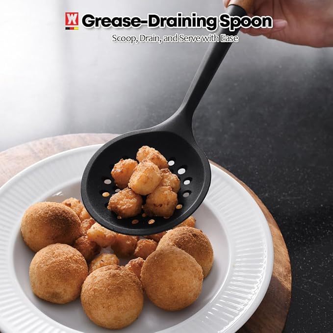 WAGENSTEIGER Silicon Cooking Skimmer Ladle with Wooden Handle: Slotted Cooking Spoon for Deep Frying Food, Food Separator, Heat Resistant, BPA Free, Gentle Head Design for Non-Stick Cookware