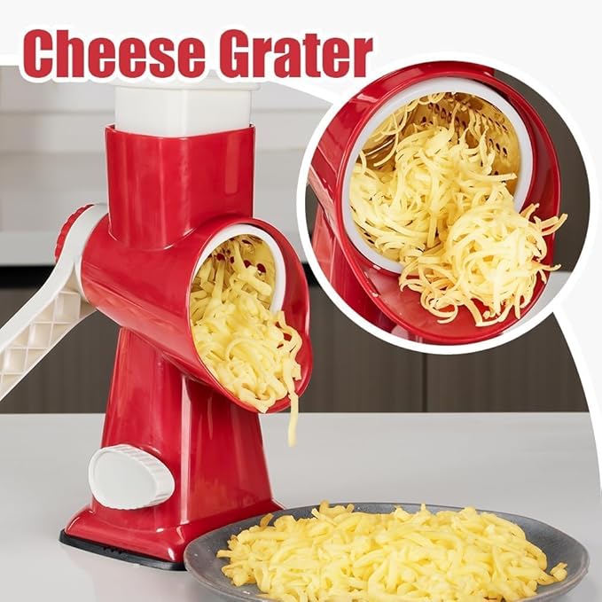 KEOUKE Rotary Cheese Grater Hand Crank Red - Shredder Slicer Grinder 3 Stainless Steel Blades, Stable Suction, Labor-Saving Handle, Safe Kitchen Tool for Cheese, Vegetable, Nuts, Chocolate