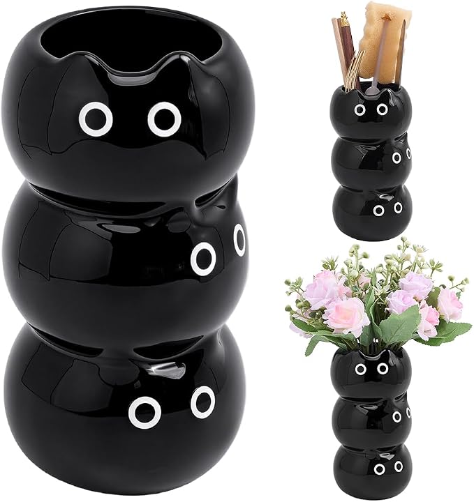 WADORN Black Cat Ceramic Vase 3D Cartoon Cat Cooking Utensil Crock Cute Countertop Makeup Brush Storage Utensil Holder for Kitchen Decor Housewarming Kitty Lover Gift 3.58x3.5x6.69 in