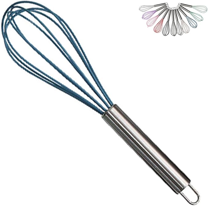 1-Piece Blue Silicone Whisk with Stainless Steel Handle BRIIEC 10-inch Egg Beater Milk Beater Balloon Whisk Manual Baking Tool for Blending Stirring Whisking and Beating