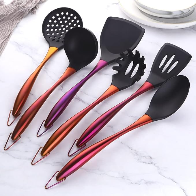 Silicone Cooking Utensil Set, 6 pcs Silicone Cooking Kitchen Utensils Set, Non-stick Kitchen Cookware Titanium Stainless Steel Handle with Utensil Holder, Spatula Set for Cooking -Orange Red