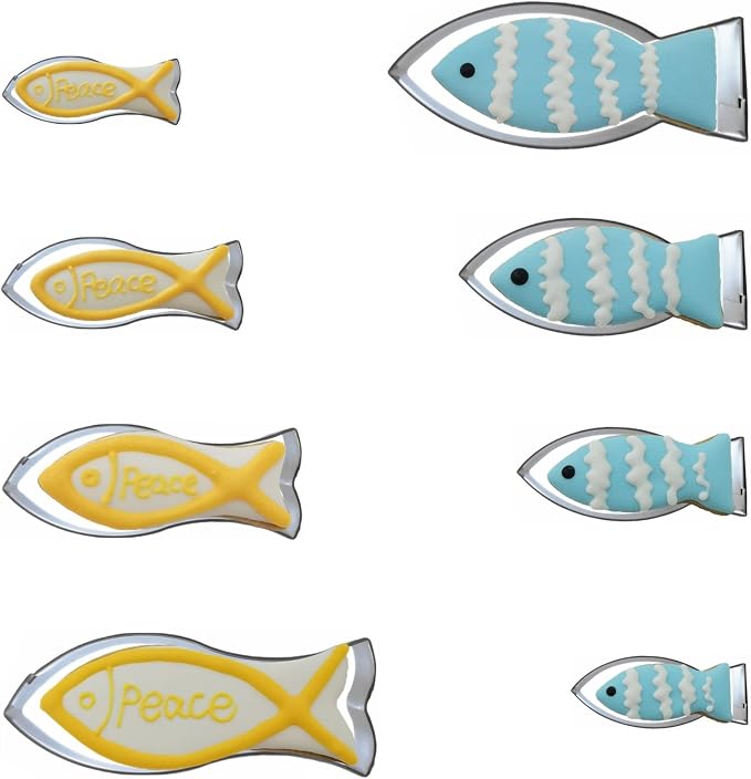 Fish Shaped Cookie Cutter Set of 8 pcs, Stainless Steel Jesus Fish Fondant Cutters (4 pcs Flat Tail + 4 pcs Fork Tail)