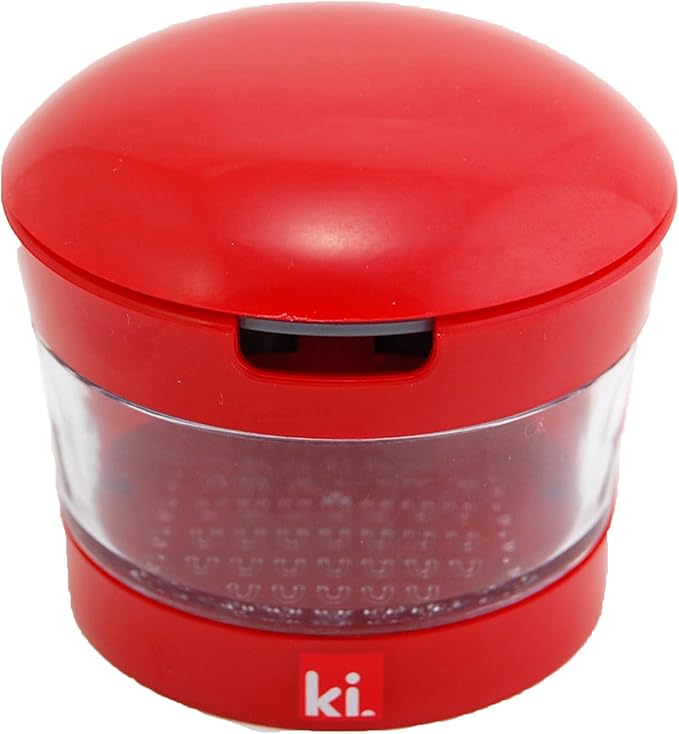 Garlic Perfection Press, Crusher, Mincer, and Storage Container - Easy to Clean - Stainless Steel Blades - Red
