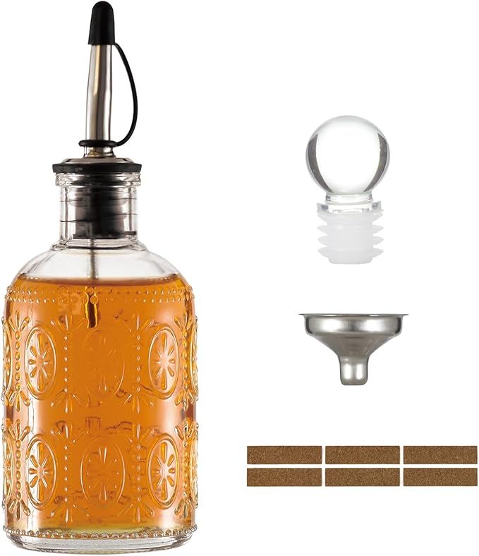 Retro Glass Syrup Dispenser Bottle 7oz, Oil and Vinegar Cruet with Stainless Steel Pour Spout, Labels, Funnel & Stopper(Antique Daisy)