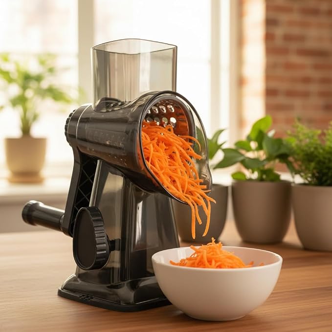 Rotary Cheese Grater | Hand Crank Grates Cheese, Vegetables, Nuts and Chocolate | 3 Stainless Steel Blades | Strong Suction Base | Easy to Clean | One Piece Body | Charcoal Gray and Teal