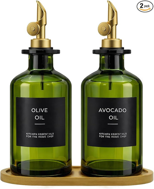 Olive Oil Dispenser Set, 2 x 11.8oz Deep Green Glass Bottles with Auto-Flip Spouts & 2 Capped Spare Spouts, Bamboo Tray, Oil & Vinegar Cruet (Green)