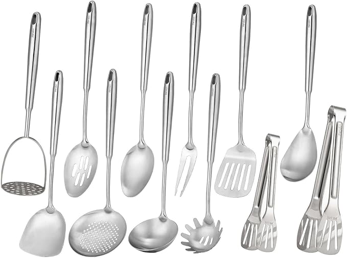 18/10 Stainless Steel Kitchen Utensils Set - 12 PCS All Metal Cooking Tools & 15″ Serving Utensils - Potato Masher, Meat Fork, Tongs, Turner, Pasta, Serving Spoon, Skimmer, Ladle, Spatula Spoon Set