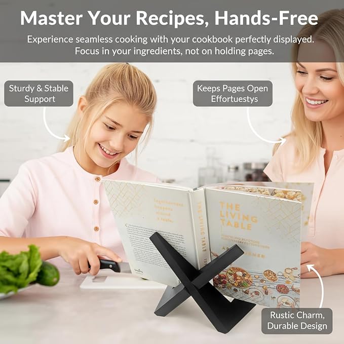 Rustic Black Cookbook Stand for Kitchen, Recipe Book Holder for Kitchen Counter, Wooden Cookbook Holder, Rustic Cook Book Holder Stand with Natural Wooden Grains (1 in Black)
