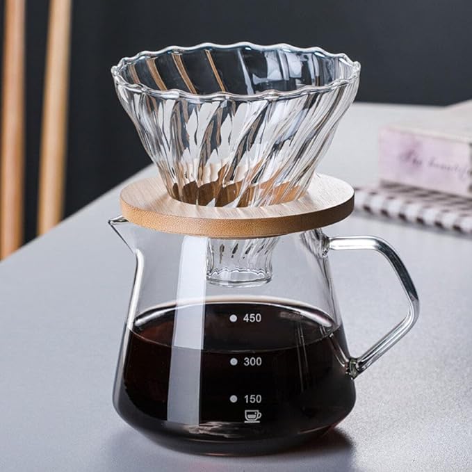 Cabilock 1set Reusable Stripe Glass Coffee Filter Funnel High Borosilicate Glass Coffee Dripper Base for Home Cafe Travel Use
