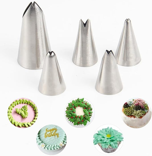 Leaf Piping Tip Set, 5-Piece Stainless Steel Icing Nozzles – Decorative Border Bowknot, Skirt Edge, Ruffle Icing Piping Tips for Cake Decorating and Pastry Decoration Baking Tools