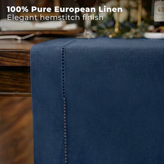 Signature Linen™ by D'Moksha Navy Blue Table Runner 36 Inches, 100% Pure Linen, Hemstitch, Coffee Table Runner, 14 x 36 Inch for Dresser Tables- Summer, Father's & Independence Day