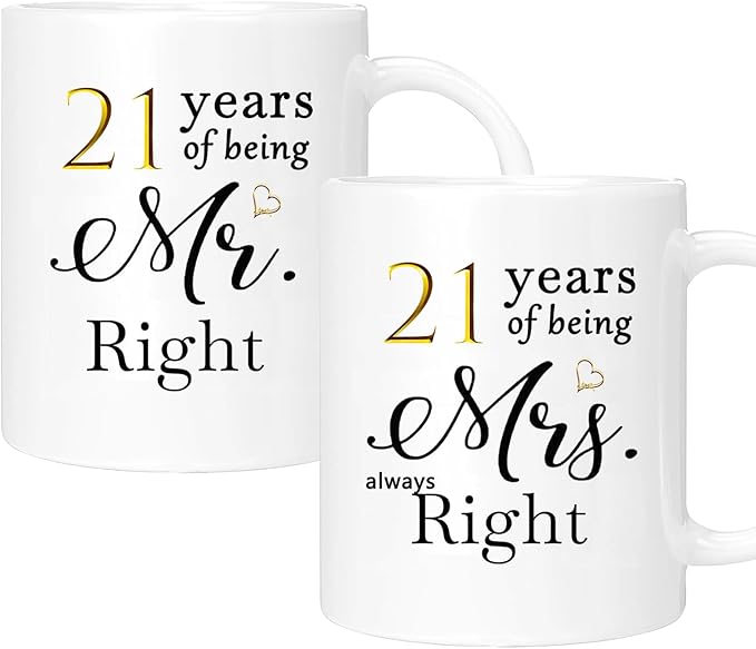 21th Anniversary Coffee Mugs Set of 2, 21 Year Anniversary Wedding Gifts Decorations for Couple Parents Men Women Husband Wife Him Her, Gift Box Packaging, 11oz