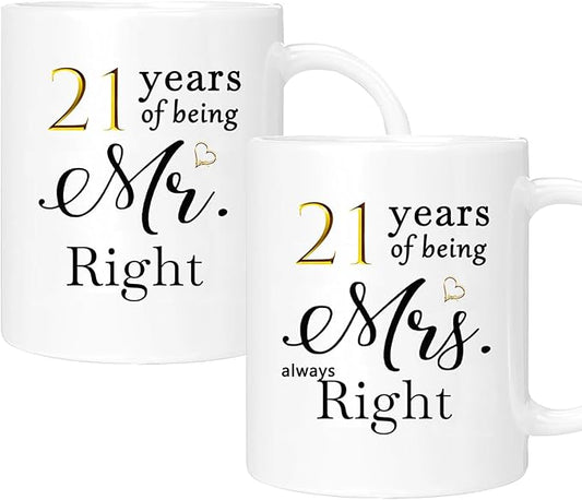 21th Anniversary Coffee Mugs Set of 2, 21 Year Anniversary Wedding Gifts Decorations for Couple Parents Men Women Husband Wife Him Her, Gift Box Packaging, 11oz
