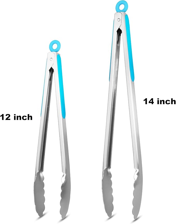 ALLWIN-HOUSEWARE W 304 Stainless Steel Kitchen Cooking Tongs, 12" and 14" Set of 2 Sturdy Grilling Barbeque Brushed Locking Food Tongs with Ergonomic Grip, Blue