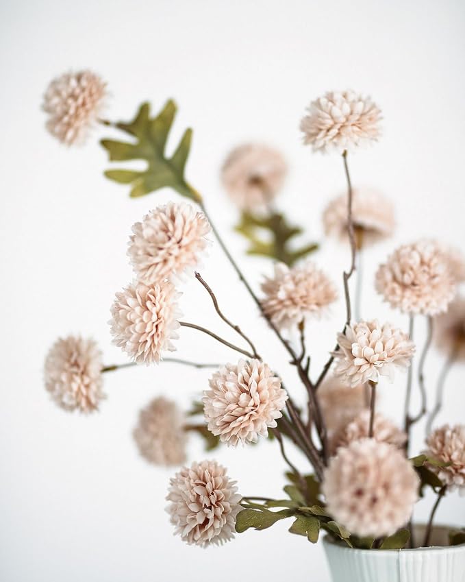 DuHouse 6pcs Artificial Flowers Faux Silk Pompon Mum,Silk Small Mini Chrysanthemum Ball with Stems for Wedding DIY Champagne Arrangements Bouquets Centerpieces Home Decorations(Beige)