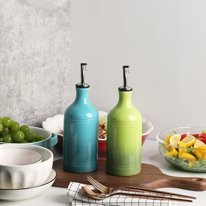 Sweejar Ceramic Olive Oil Dispenser Bottle, Opaque Oil Cruet Protects to Reduce Oxidation, Suitable for Storage Vinegar, Coffee Syrups & Other Liquids, Pack of 1, 15.5 Fl Oz(Gradient Green)