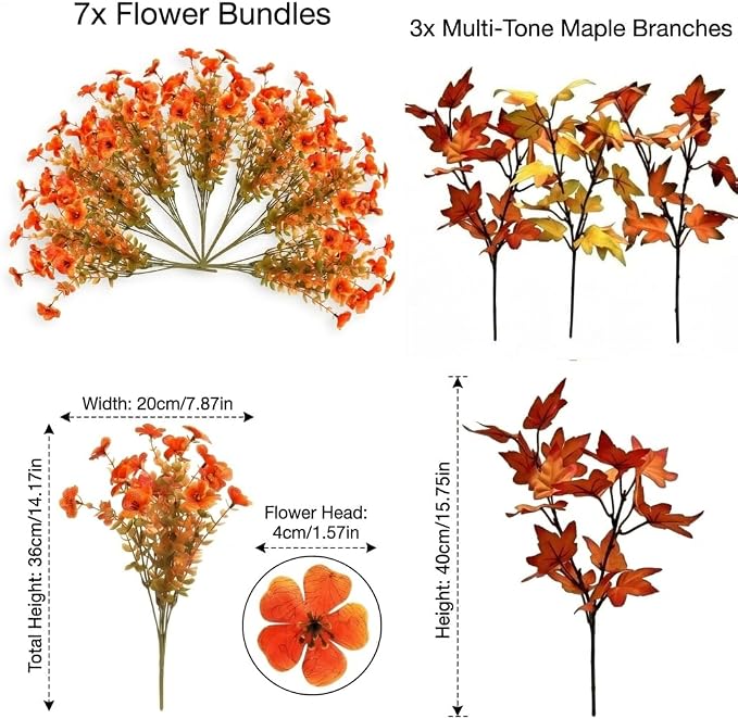 10Pcs Artificial Fall Flowers Outdoor UV Resistant, Faux Mums Orange Silk Flowers with 3-Tone Maple Leaves for Porch Planters, Thanksgiving Autumn Harvest Decor, 14 Inch