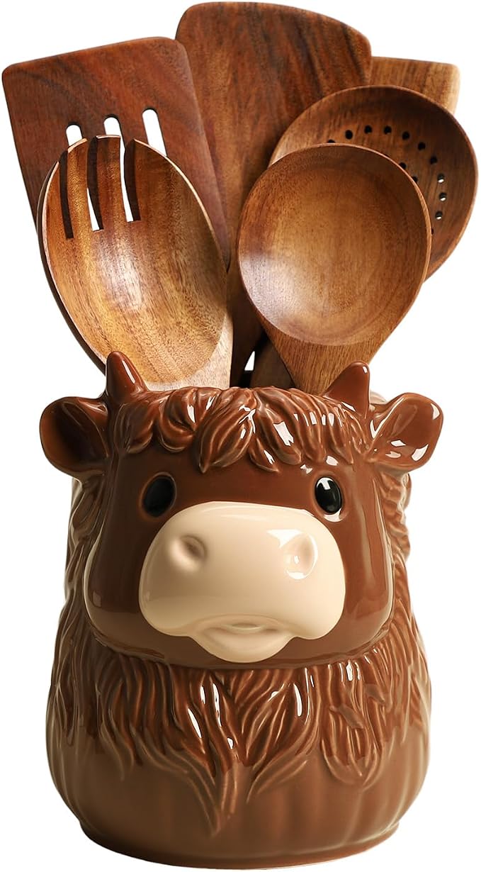 Ceramic Highland Cattle Kitchen Utensil Holder, Large Cooking Utensil Crocks for Countertop, Utensil Organizer