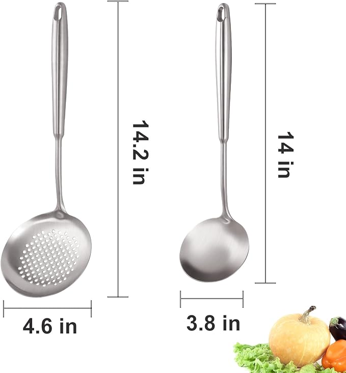 2PCS 18/10 Stainless Steel Ladle and Slotted Spoon, Soup Ladle and Strainer Spoons, Wok Utensils for Cooking, Stirring, Soup, Sauce, Dishwasher Safe