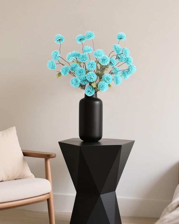 DuHouse 6pcs Artificial Flowers Faux Silk Pompon Mum, Silk Small Mini Chrysanthemum Ball with Stems for DIY Bouquets Centerpieces Vase Home Table Kitchen Decorations (Teal Blue)