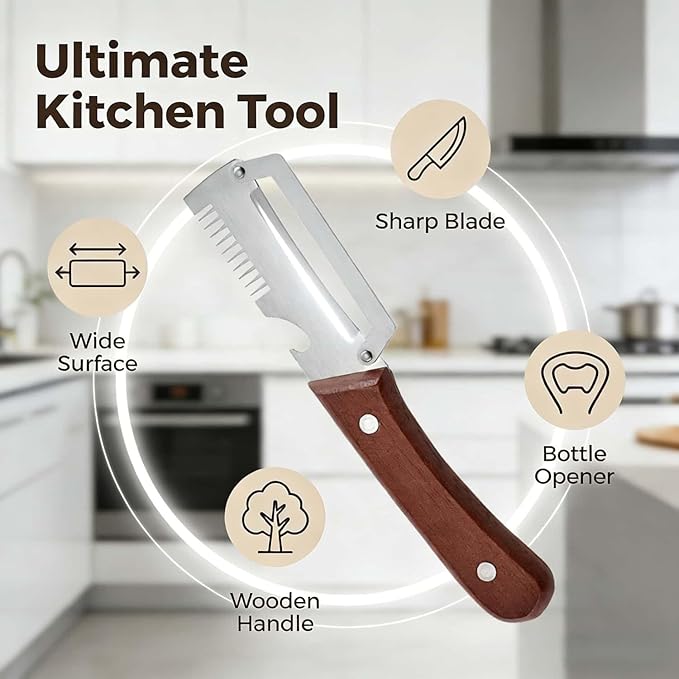 Multifunctional Vegetable Peeler，With wooden handle & bottle opener and grater 3 in 1 kitchen gadgets for potatoes pumpkinsp garlic sugarcane pineapples carrots and other vegetables or fruits (1pcs)